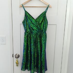 Grace Karin  Sequin Green, Blue and Black Midi Cocktail Dress